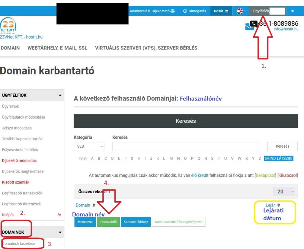 A domain hosszabbítás megkezdése, menüpontok, illusztráció - 202402 hostit.hu